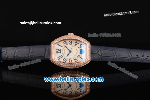 Franck Muller Heart Swiss Quartz Rose Gold Case with Blue Leather Strap Diamond Bezel and White Dial - ETA Coating - Click Image to Close